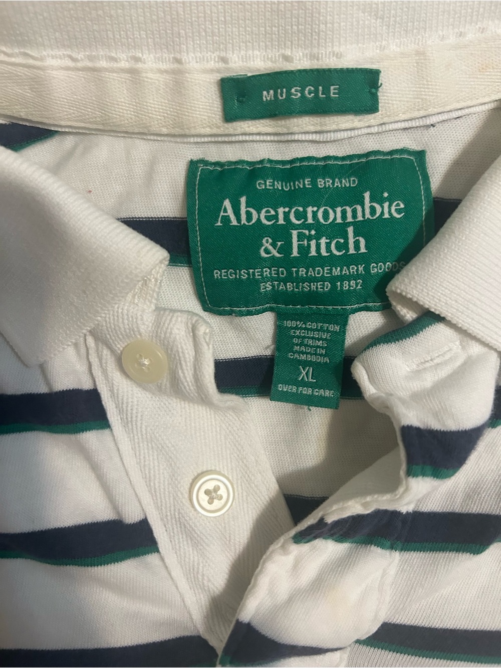 Abercrombie & Fitch Men’s Y2K Muscle White Polo with Navy and Green Stripes XL